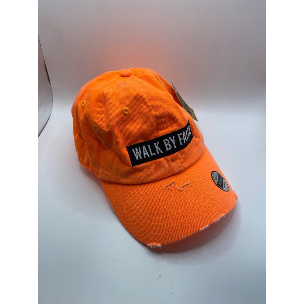 KBETHOS Walk By Faith Distressed Dad Hat Neon Orange Baseball Cap Adjustable NWT